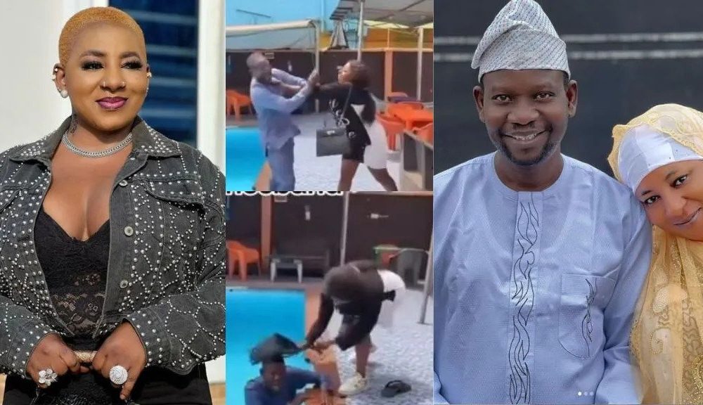 Mide Martins Pushes Her Husband, Afeez Owo Inside Pool, Hits Him Repeatedly [Video]