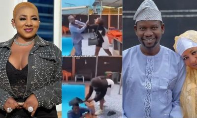 Mide Martins Pushes Her Husband, Afeez Owo Inside Pool, Hits Him Repeatedly [Video]