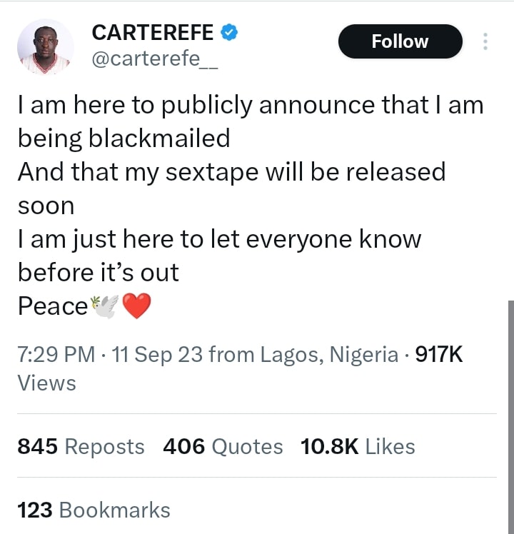 “I'm Being Blackmailed With My Sεx Tape” - Carter Efe Cries Out 2 “I'm Being Blackmailed With My Sεx Tape” - Carter Efe Cries Out 1