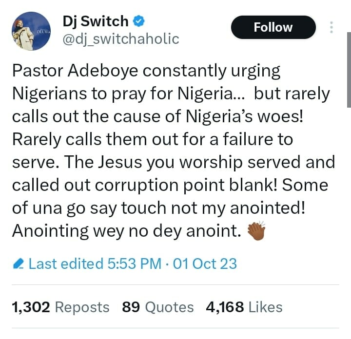 DJ Switch Slams Pastor Adeboye For Constantly Urging Nigerians To Pray For The Country