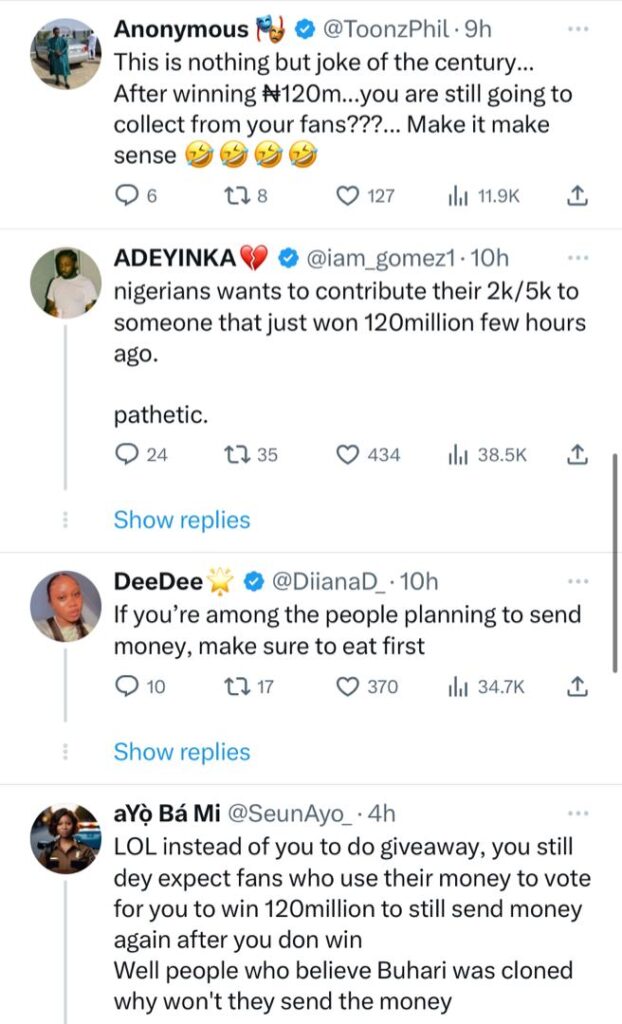 Ilebaye Reacts After Being Criticized For Sharing Her Account Details For Fans’ Donations After Winning N120 Million