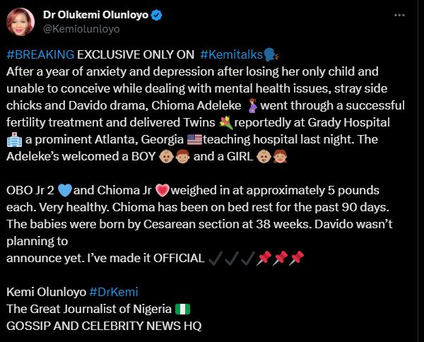 "Chioma Gave Birth To A Boy And Girl" - Kemi Olunloyo Confirms Davido Welcomed Twins