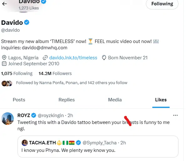 Davido Likes Tweet Shading Tacha For Having His Tattoo On Her Chest While Supporting Phyna