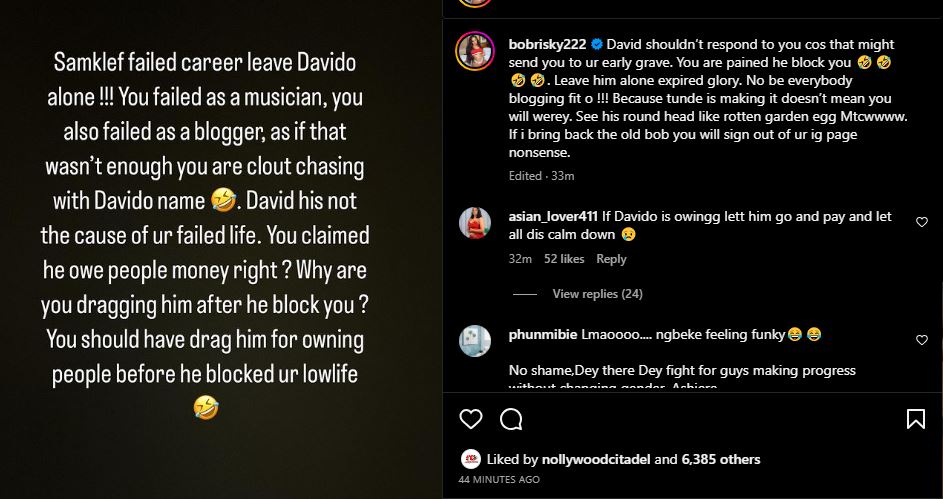 "Leave Davido Alone, You Failed As A Musician And Blogger” – Bobrisky Blasts Samklef