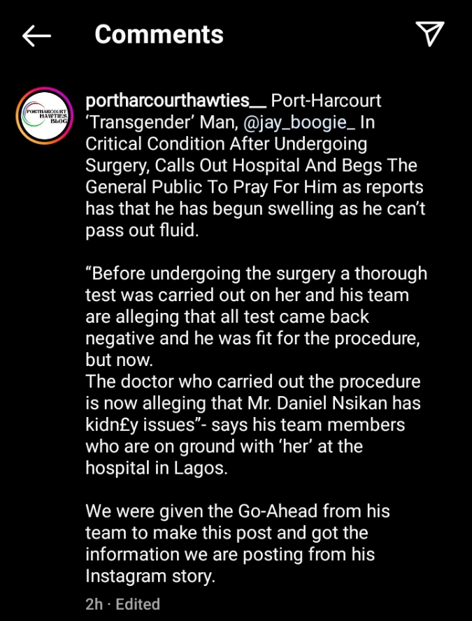 "If Anything Happens To Me, Hold This Surgeon Responsible" - Nigerian Transgender, Jay Boogie