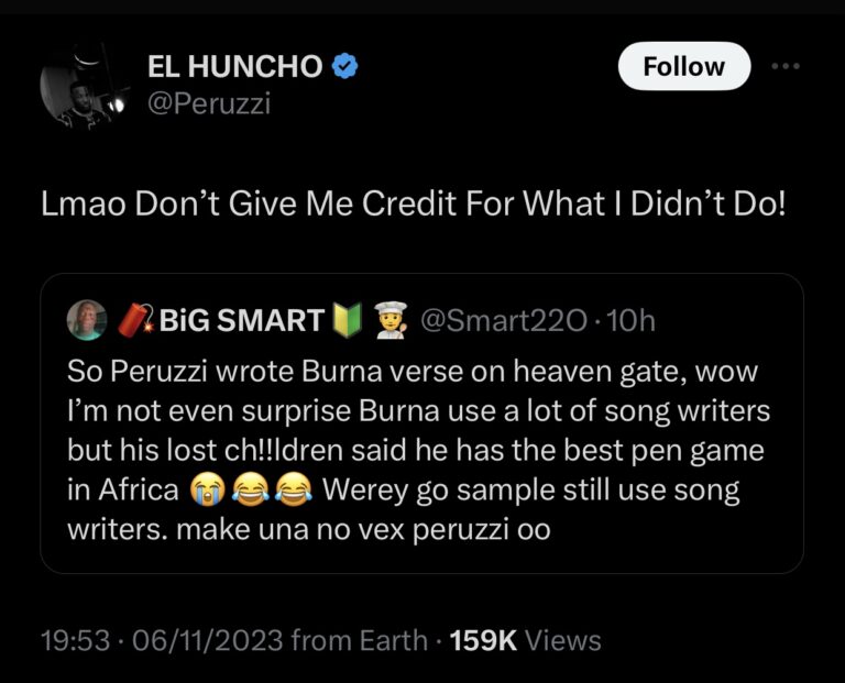 “Don’t Give Me Credit For What I Didn’t Do” - Peruzzi Denies Writing Song For Burna Boy