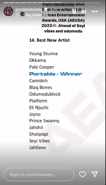 Portable Beats Seyi Vibez, Odumodublvck, Blaq Bonez To Win First International Music Award 