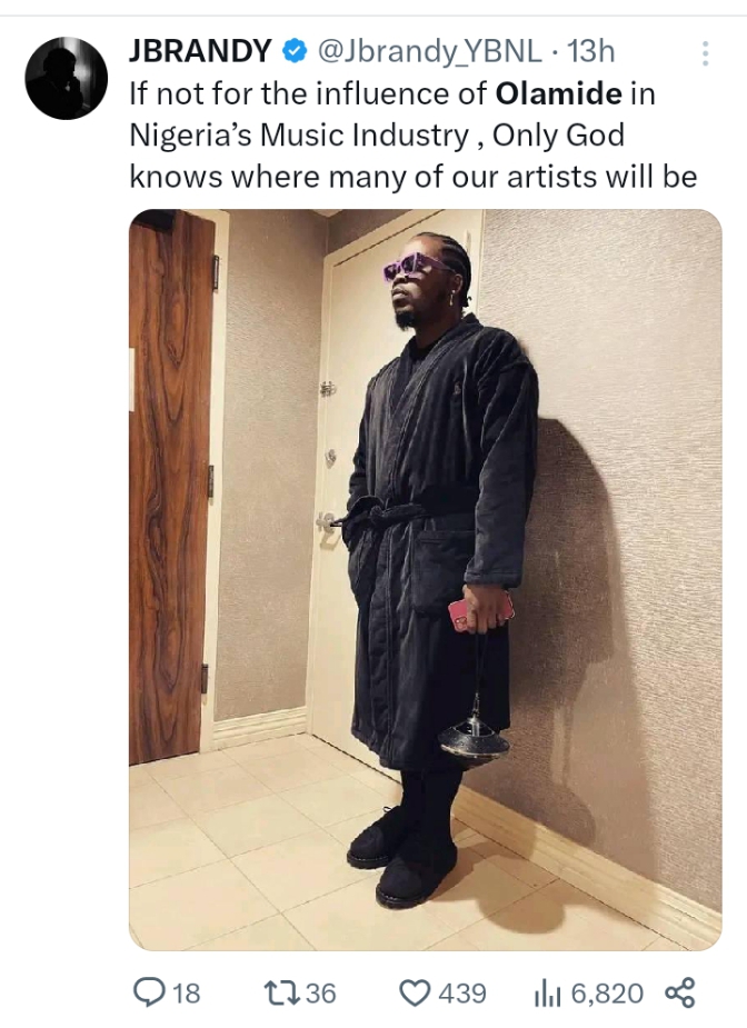 “If Not For His Influence, Where Will Many Artist Be”- J brandy Celebrates Olamide