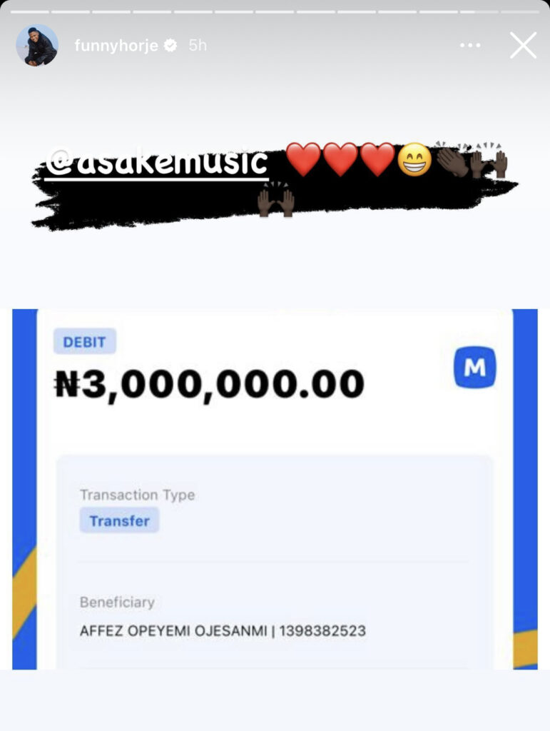 Comedian Oba Salo Shares Screenshot Of N3 Million He Received From Asake