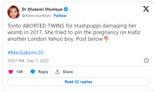 How Tonto Dikeh Damaged Her Womb After Aborting Twins For Hushpuppi – Kemi Olunloyo 4 How Tonto Dikeh Damaged Her Womb After Aborting Twins For Hushpuppi – Kemi Olunloyo