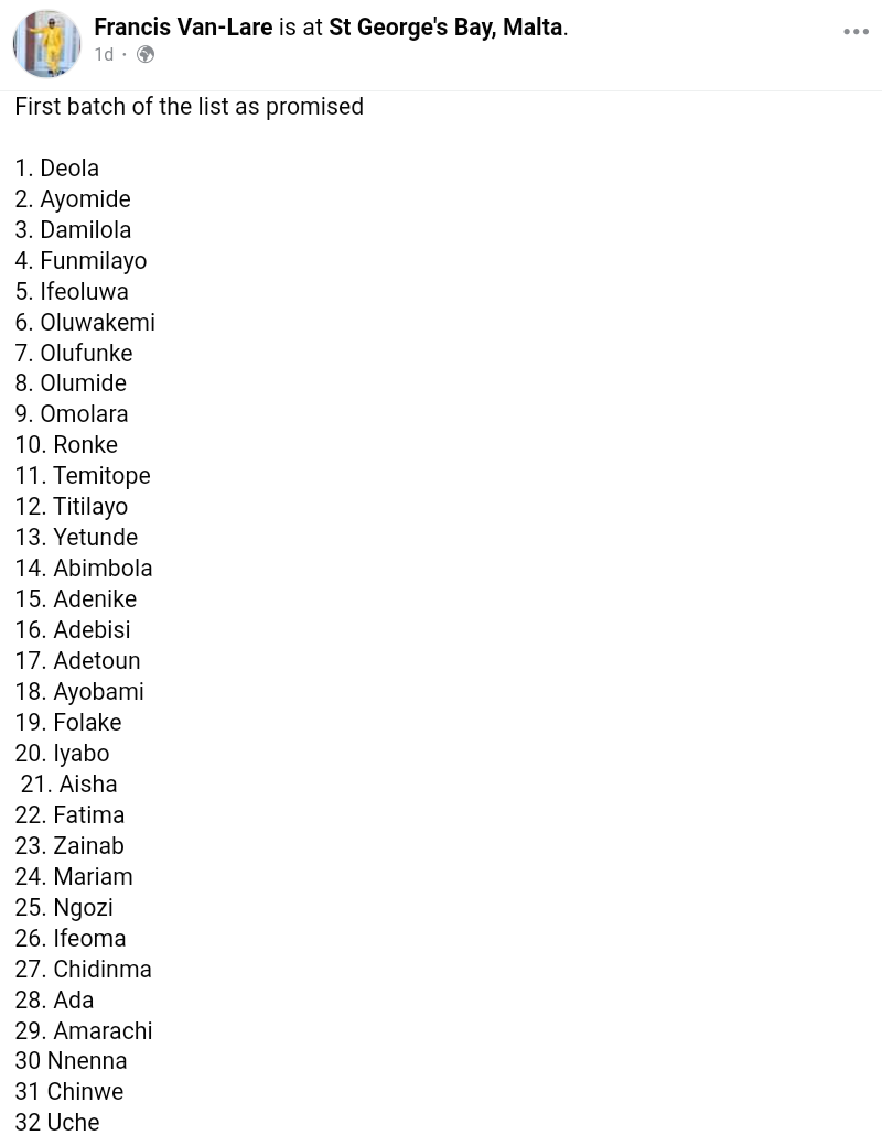 Names Of Women Who Allegedly Slept With Francis Van-Lare