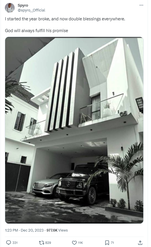 “I Started The Year Broke, Now Enjoying Double Blessings” – Spyro Flaunts His House and Cars 