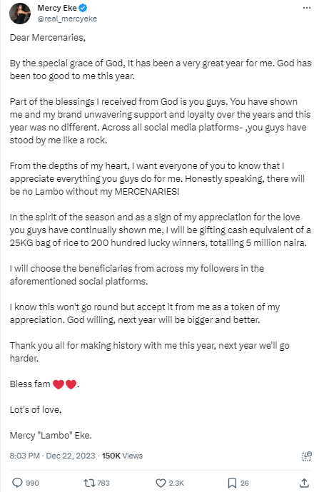 Mercy Eke Announces Plan To Gift 200 Bags Of Rice To 'Mercenaries' For Christmas