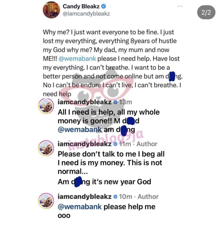 “My Whole Money Is Gone” – Candy Bleakz Cries Out As She Loses All Her Savings In Wema Bank