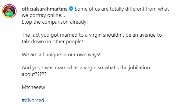 "I Was Married As A Virgin At 19 But Still Got Divorced" - Sarah Martins Counters Solomon Buchi 3 "I Was Married As A Virgin At 19 But Still Got Divorced" - Sarah Martins Counters Solomon Buchi