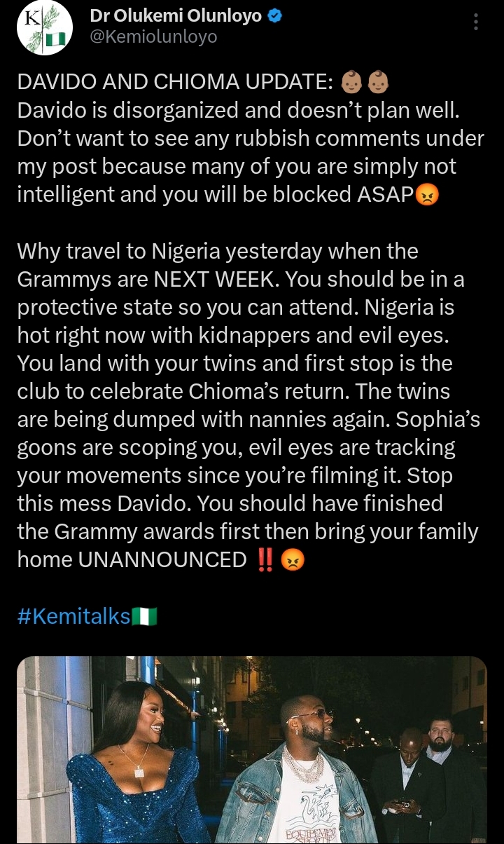 "They Dumped Their Twins With Nannies Again And Went To The Club" - Kemi Olunloyo Drags Davido And Chioma 6 "They Dumped Their Twins With Nannies Again And Went To The Club" - Kemi Olunloyo Drags Davido And Chioma
