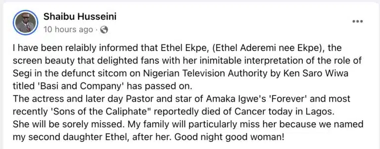 Actress Ethel Ekpe-Aderemi Is Dead