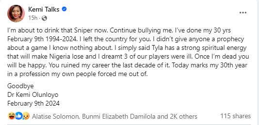 "I’m About To Drink Sniper Now" - Kemi Olunloyo Threatens Suicide Over Cyberbullying