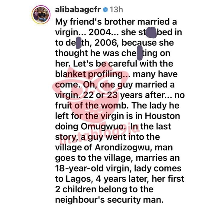 Ali Baba Tackles Man Who Listed The Importance Of Marrying A Virgin