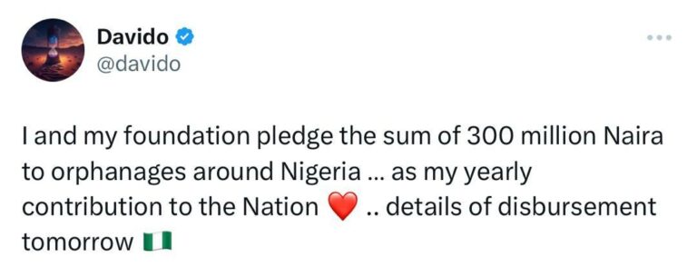 Davido Announces N300 Million Donation To Orphanages In Nigeria 