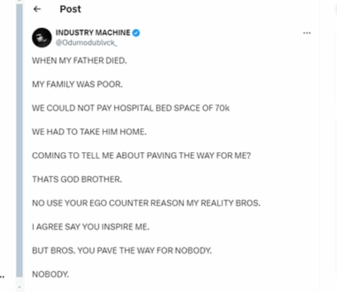 My Father Died Because We Couldn’t Pay For N70,000 Hospital Bed Space – Odumodublvck