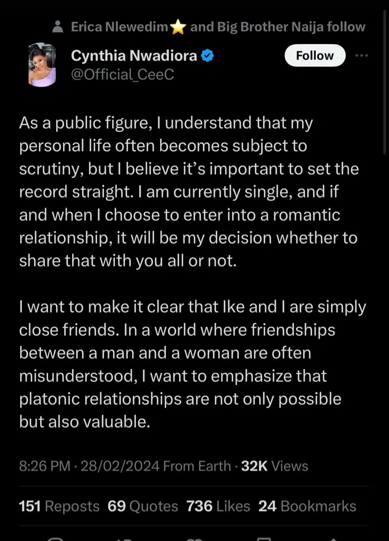 "We're Just Friends" - BBNaija’s Cee C Debunks Romantic Relationship With Ike