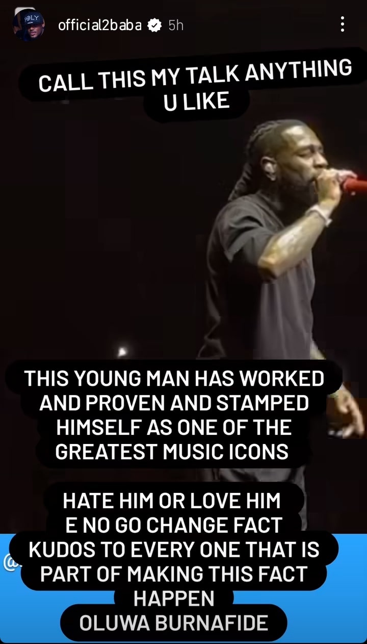 “Hate Him Or Love Him, He's One Of The Greatest Music Icons” - 2face Hails Burna Boy