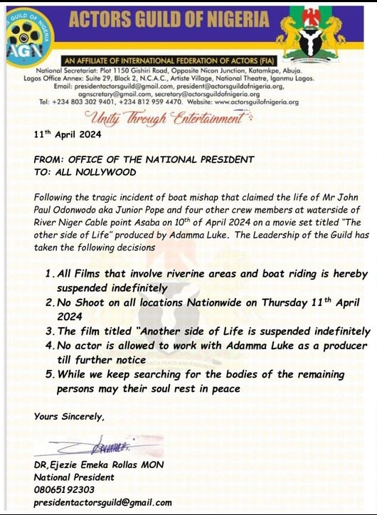 Junior Pope: AGN Ban Actors From Adanma Luke’s Movie, Suspends Riverine Projects With Boat Scenes