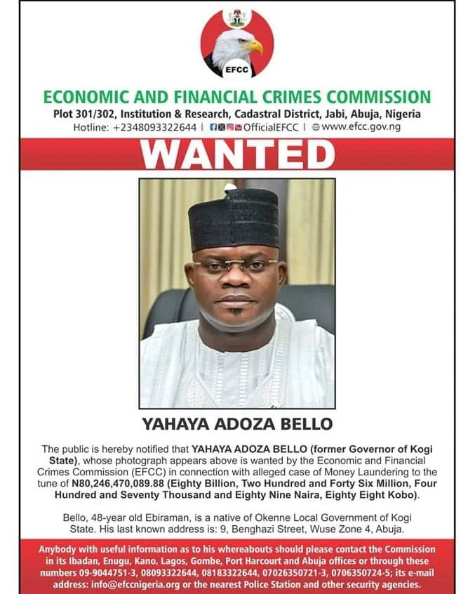 Breaking: EFCC Declares Kogi  Former Gov. Yahaya Bello Wanted for N80billion Fraud