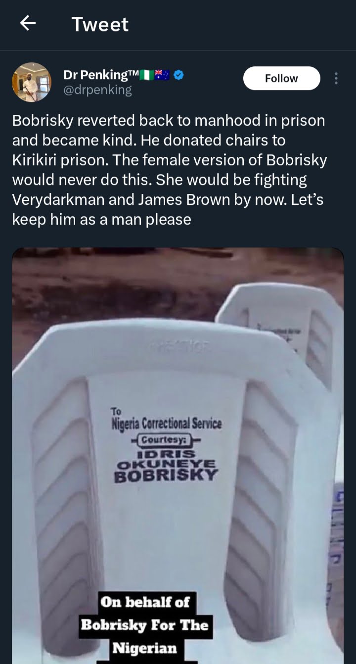 "His Female Version Will Never Do This” – Nigerians React As Bobrisky Donates Chairs To Prison