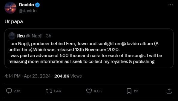 "Ur Papa” – Davido Slam Napji After Calling Him Out Over Unpaid Royalties