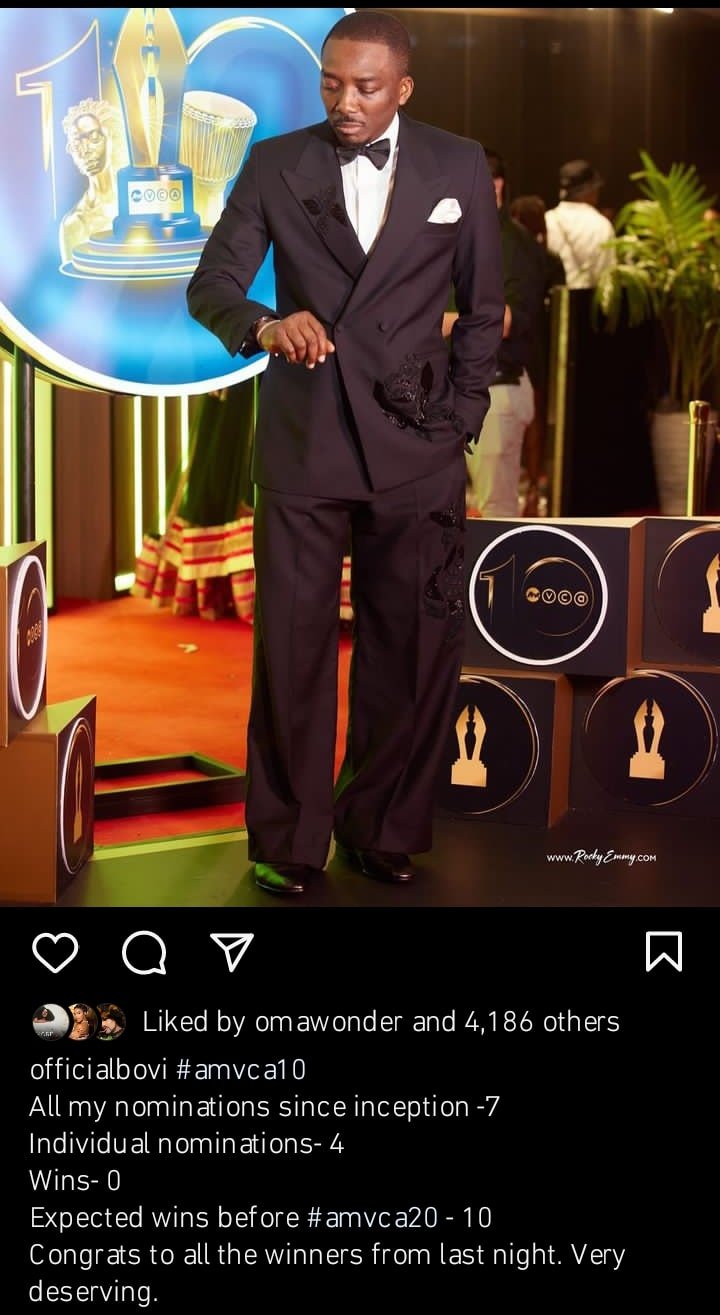 “I Have Had 7 Nominations Since AMVCA Inception, Yet No Win" – Bovi Laments