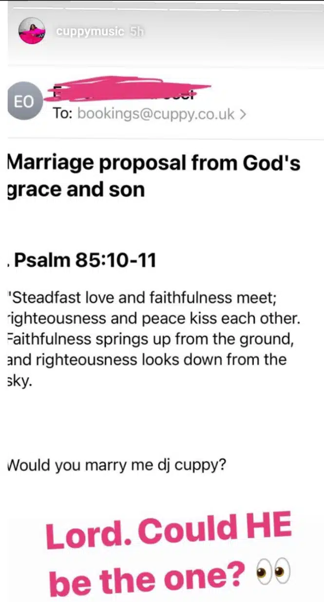 DJ Cuppy Shares Screenshot Of Marriage Proposal She Received From Secret Admirer