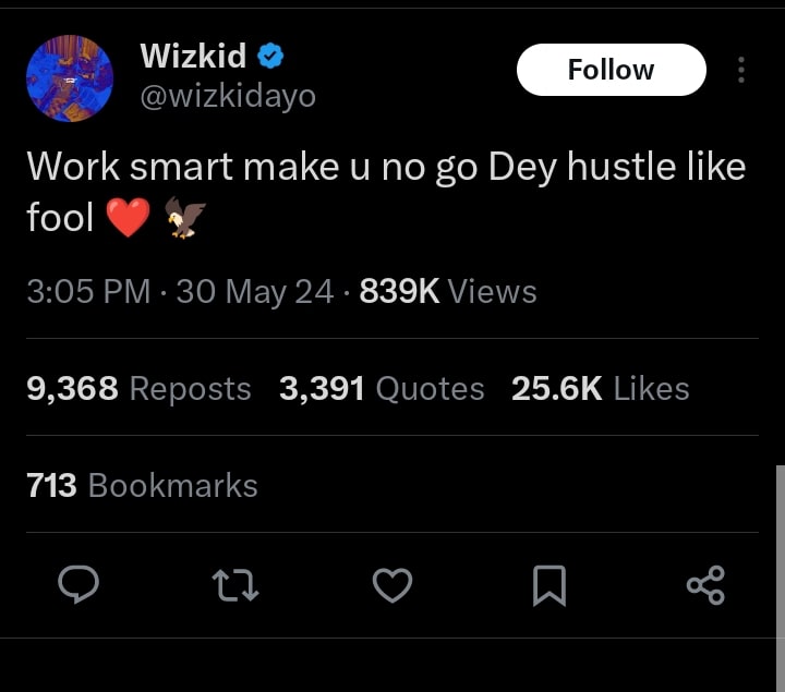 "Work Smart Make U No Go Dey Hustle Like Fool" - Wizkid Seemingly Shades Davido