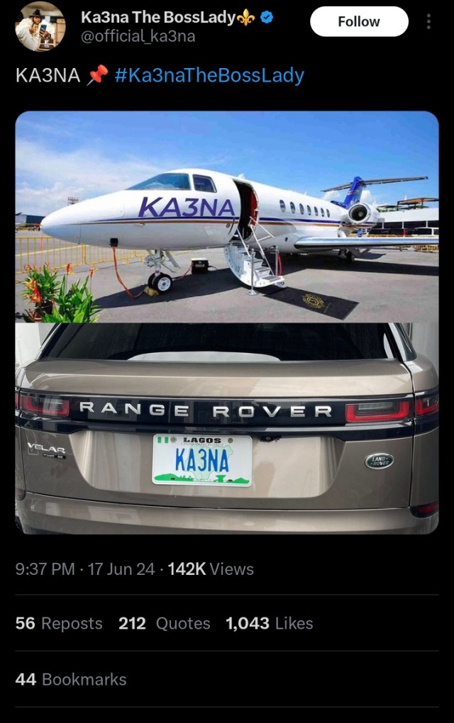 Ka3na Called Out Over Fake Life, Accused Of Photoshopping Her Name On Private Jet