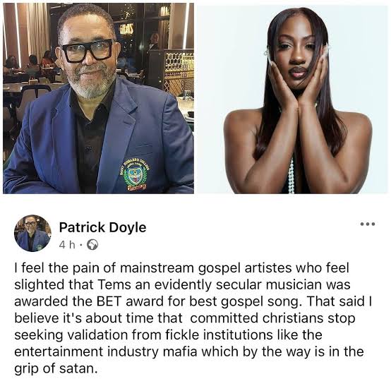 "It’s In The Grip Of Satan” - Patrick Doyle Reacts To Tems Winning BET Gospel Music Award 6 "It’s In The Grip Of Satan” - Patrick Doyle Reacts To Tems Winning BET Gospel Music Award