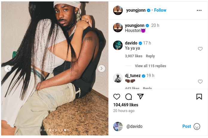 Davido Reacts As Young John Shares Loved-Up Photo With His Cousin, Nike Adeleke