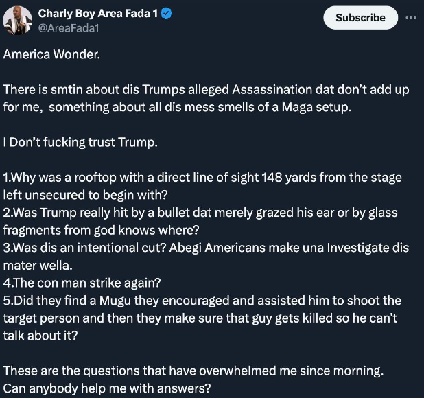 Donald Trump's Assassination Attempt Feels Like A 'MAGA Setup' - Charly Boy 6 Donald Trump's Assassination Attempt Feels Like A 'MAGA Setup' - Charly Boy