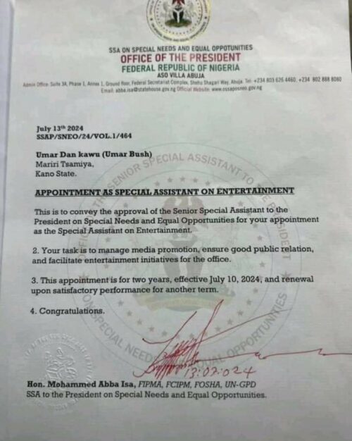 Hausa Skitmaker, Umar Bush Appointed SA On Entertainment To Tinubu’s SSA