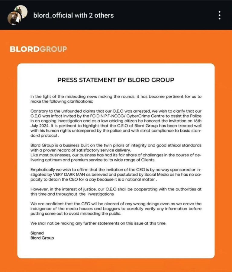 "VeryDarkMan Has No Power To Arrest Our CEO, He Was Invided By Police" - BLord Group 