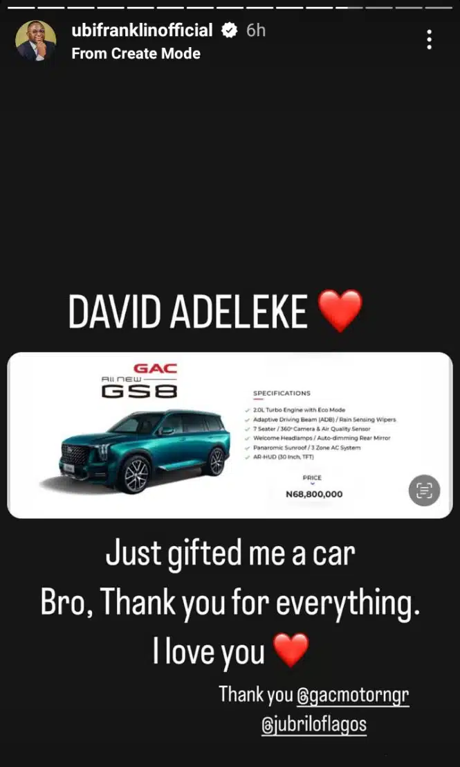 Ubi Franklin Reacts As Davido Gifts Him A Car Worth N68 Millions
