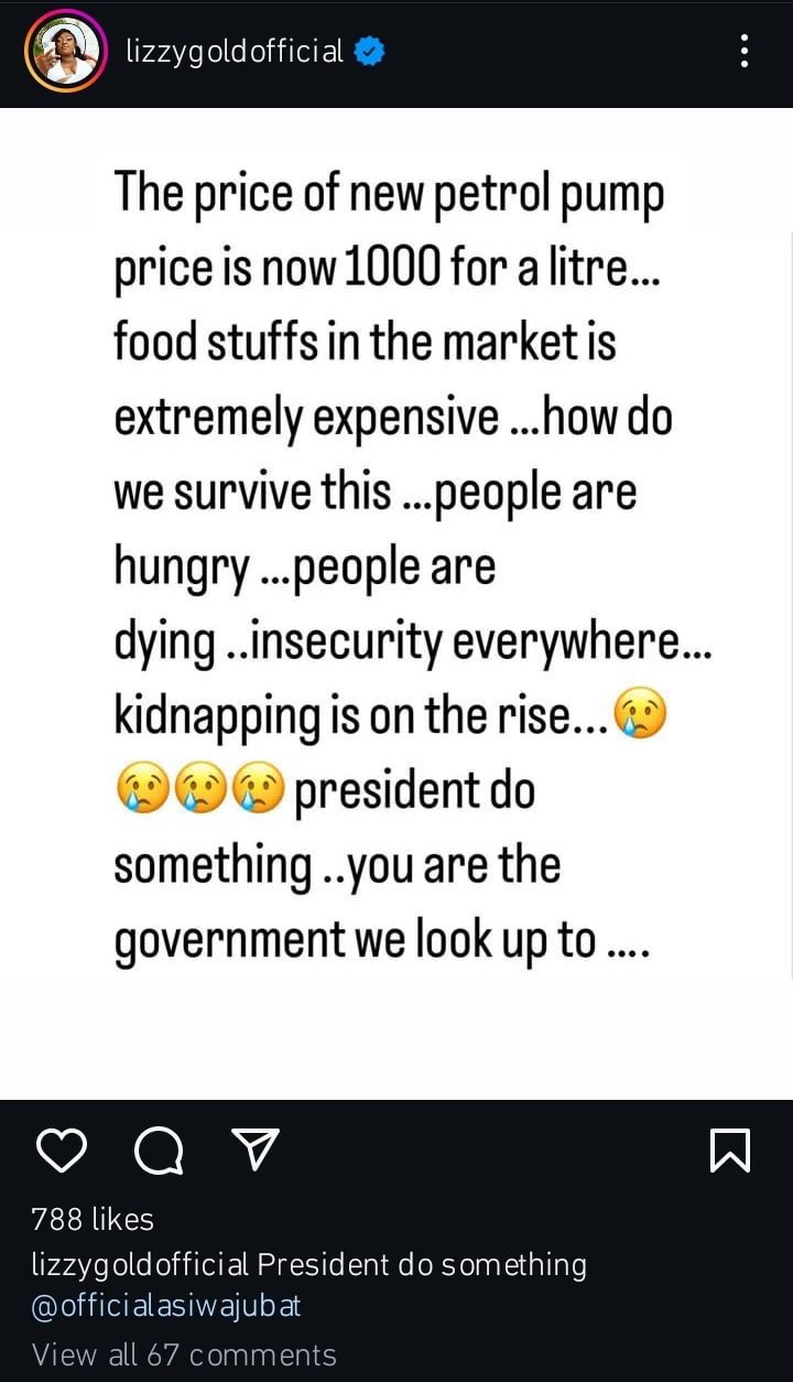 Actress Lizzy Gold Appeals To President Tinubu Over Price Of Petrol, Foodstuffs, Others