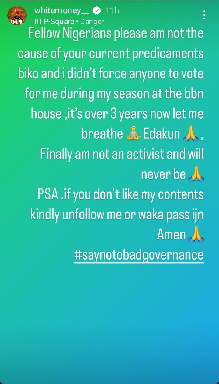 "I'm Not Responsible For Your Problems And Didn't Ask For Your Vote" - Whilemoney Tells Nigerians