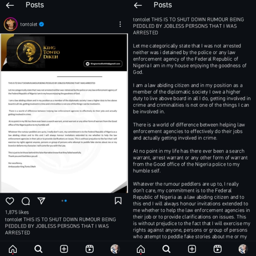 "I'm In My House Enjoying God's Goodness” – Tonto Dikeh Denies Being Arrested And Detained 2 "I'm In My House Enjoying God's Goodness” – Tonto Dikeh Denies Being Arrested And Detained