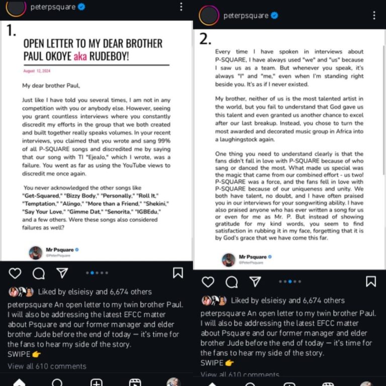 “You Sided With Jude To Disrespect Me And My Family” – Peter Okoye Writes Open Letter To Paul 2 “You Sided With Jude To Disrespect Me And My Family” – Peter Okoye Writes Open Letter To Paul