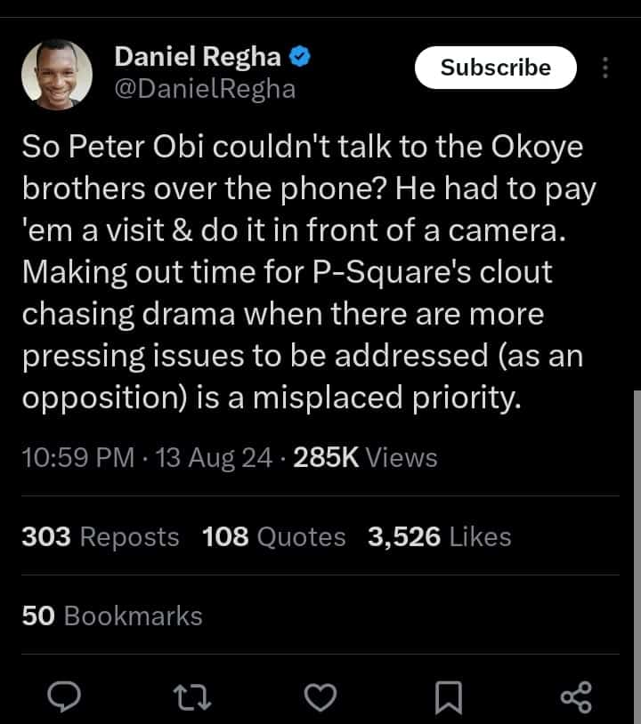 Daniel Regha Tackles Peter Obi For Visiting Paul And Jude Okoye Over Psquare’s Fallout 15 Daniel Regha Tackles Peter Obi For Visiting Paul And Jude Okoye Over Psquare’s Fallout