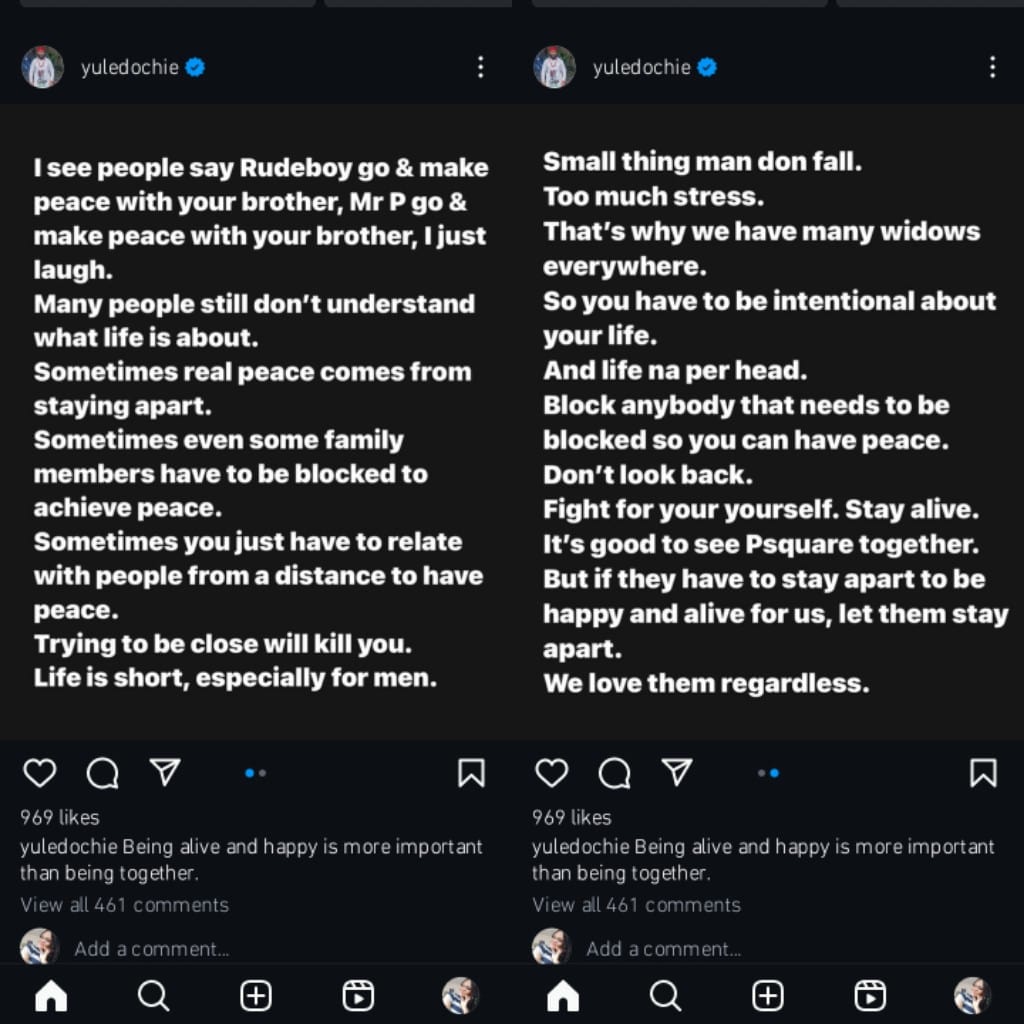 “Real Peace Comes From Staying Apart” – Yul Edochie Reacts To PSquare’s Family Feud