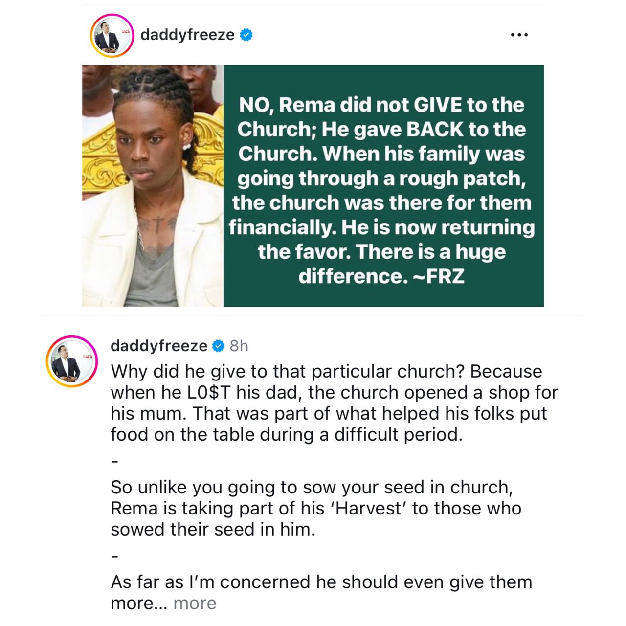 Daddy Freeze Reacts As Rema Donates N105 Million To Christ Embassy Church In Edo 2 Daddy Freeze Reacts As Rema Donates N105 Million To Christ Embassy Church In Edo