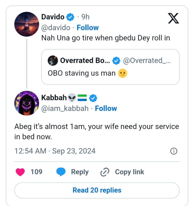 Davido Replies Fan's Comment About His ‘Bedroom Activity’ With His Wife Chioma