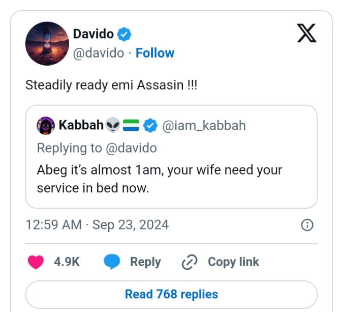 Davido Replies Fan's Comment About His ‘Bedroom Activity’ With His Wife Chioma
